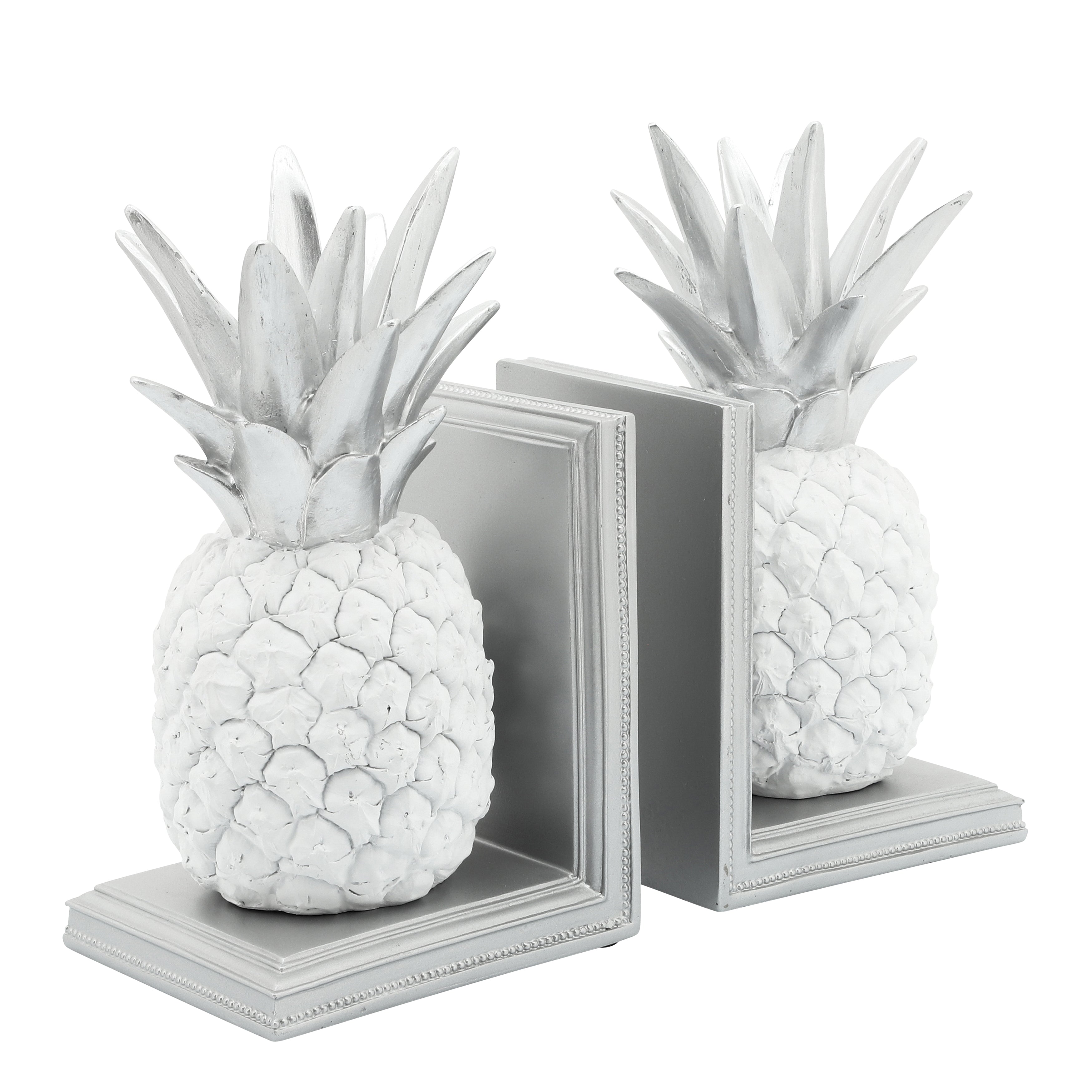 S/2 Polyresin 10"H Pineapple Bookends White/Silver