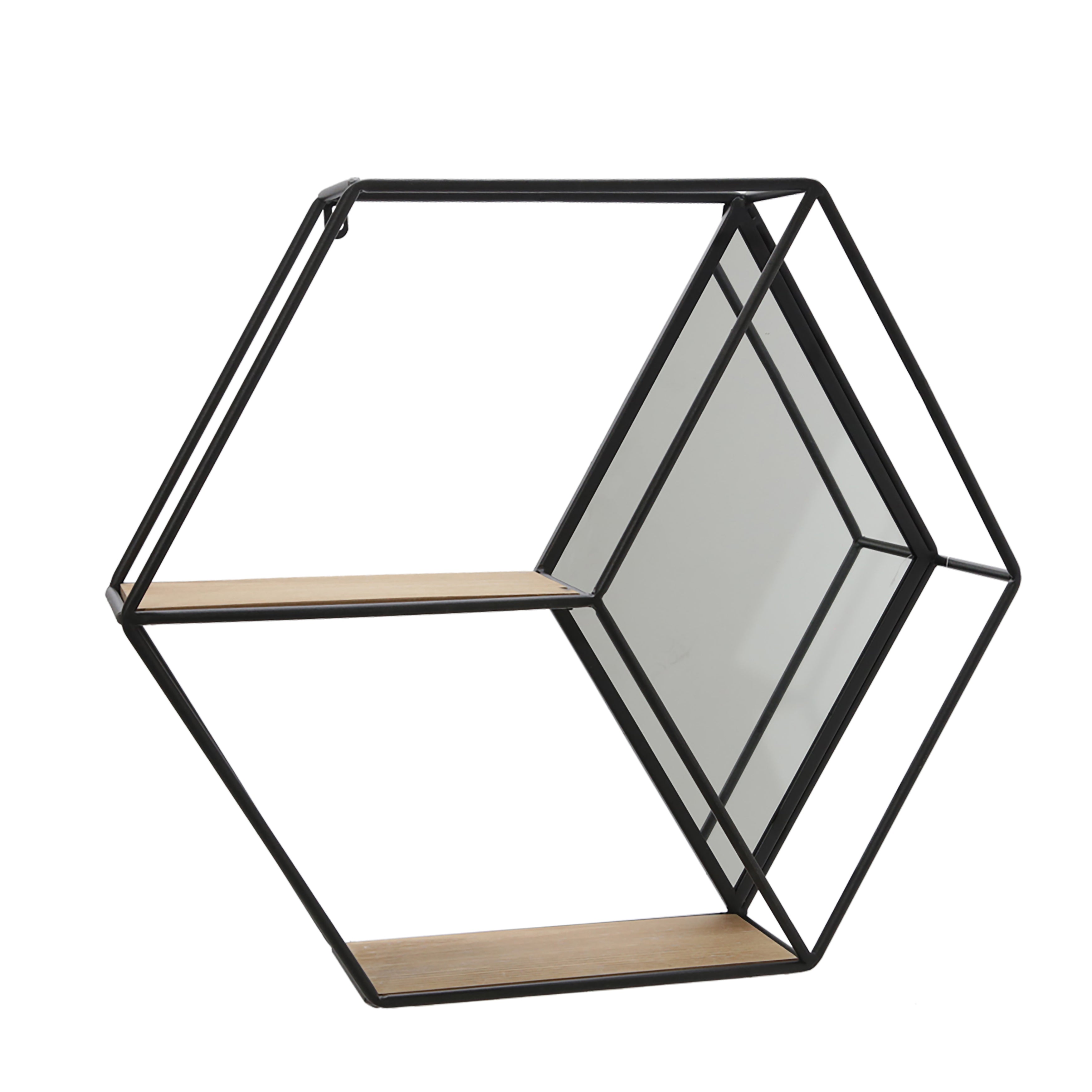 Metal/Wood 20" Hexagon Mirrored Wall Shelf, Black