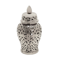 Ceramic 18" Cut-Out Temple Jar, Shiny Silver