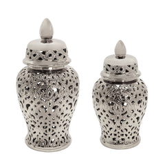 Ceramic 18" Cut-Out Temple Jar, Shiny Silver