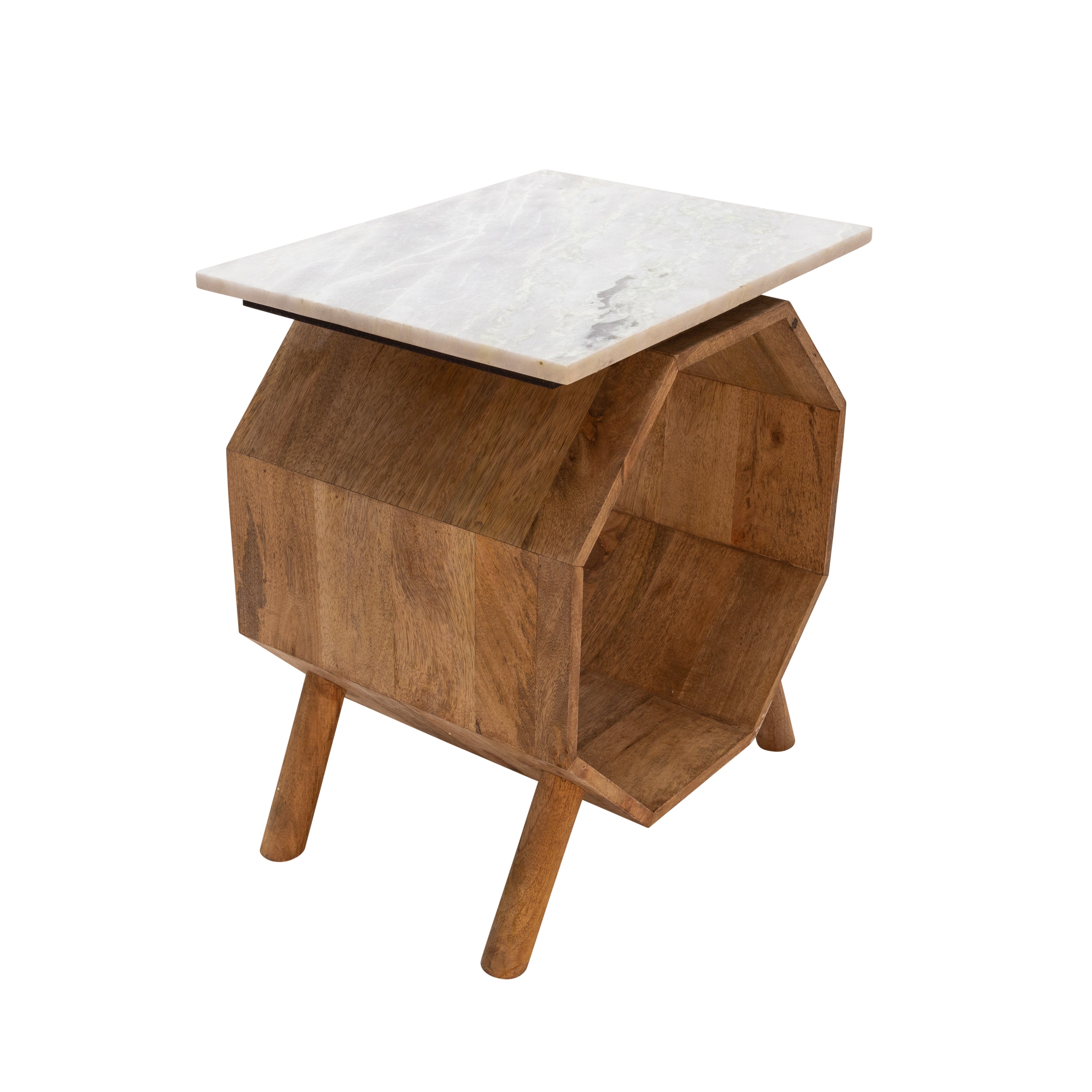 Wood/Marble Hexagon Side Table, Brown