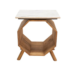 Wood/Marble Hexagon Side Table, Brown