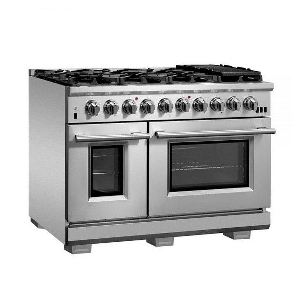 FORNO 48" Capriasca Professional Stainless Steel Free Standing Gas Range 8 Italian Burners With Griddle Top Convection Oven FFSGS6260-48