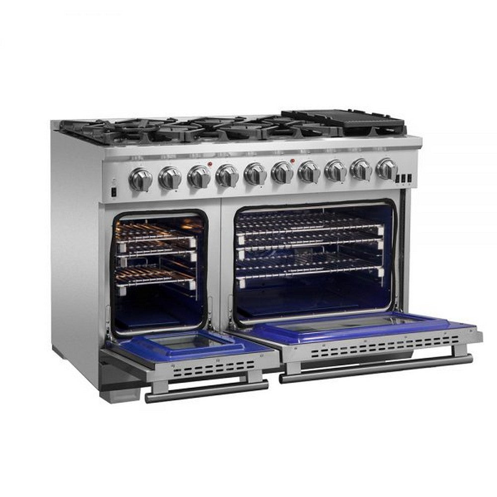 FORNO 48" Capriasca Professional Stainless Steel Free Standing Gas Range 8 Italian Burners With Griddle Top Convection Oven FFSGS6260-48