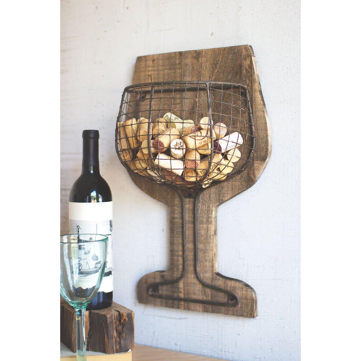 Kalalou Wood & Wire Wall Wine Glass Cork Holder-Iron Home Concepts