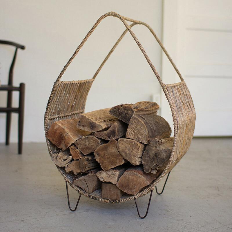 Woven Rush & Metal Firewood Rack With Tall Handle-Iron Home Concepts